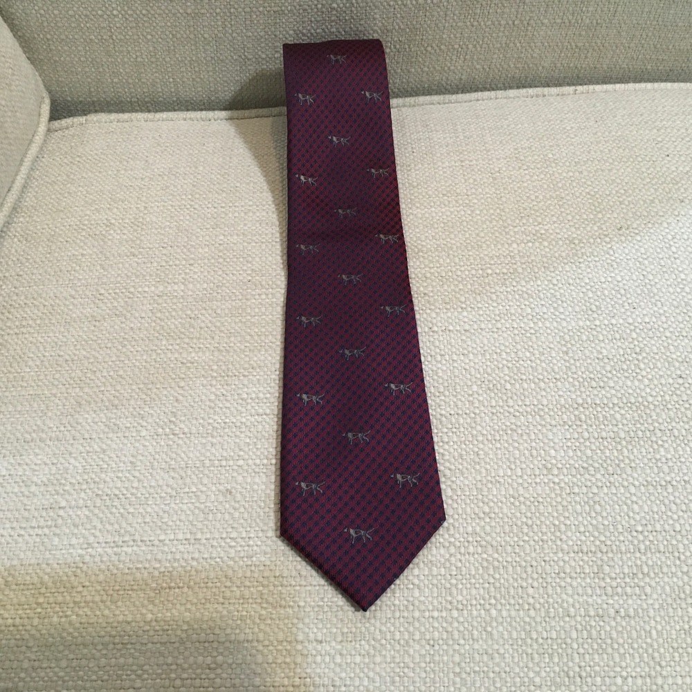 Merona Mens Burgundy Red Blue Houndstooth Dog Print 100 Silk Necktie‎ Tie
